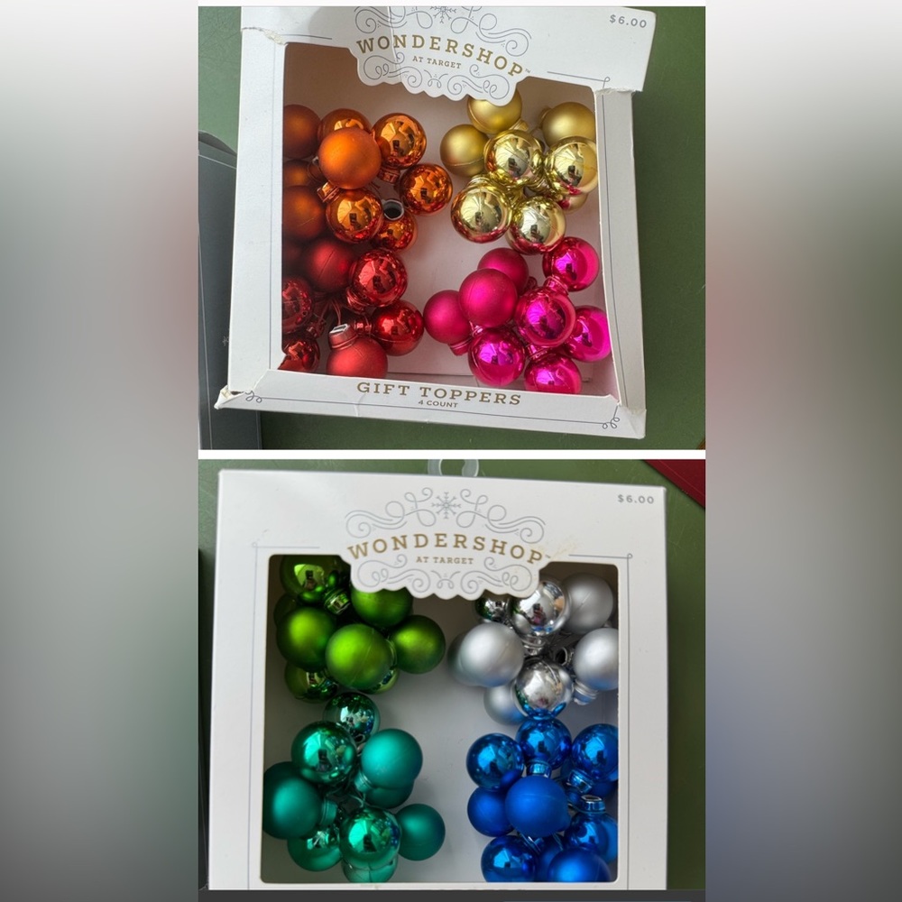 (4 boxes) Wondershop Gift Toppers - 2 blue-green-silver and 2 red-pink-gold